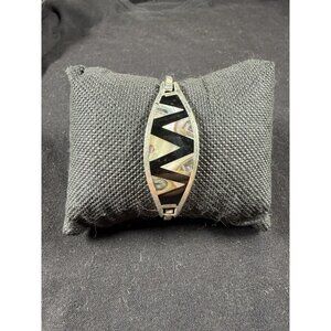 Vintage 925 Sterling Silver Abalone Onyx Inlay Bracelet Hinged 13.93g MCM